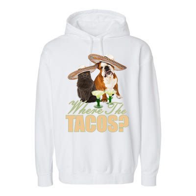 Where The Tacos? Cat Dog Garment-Dyed Fleece Hoodie