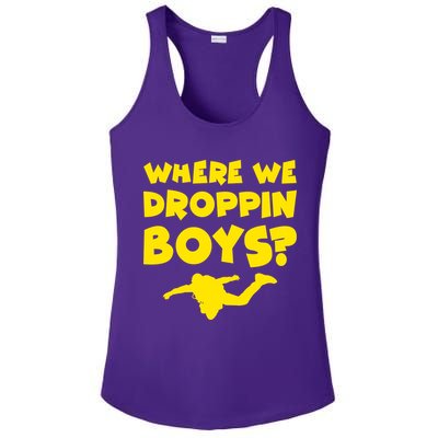 Where We Droppin Boys Funny Gamer Ladies PosiCharge Competitor Racerback Tank