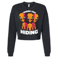 Where You Hiding Creepy Aliens Cropped Pullover Crew