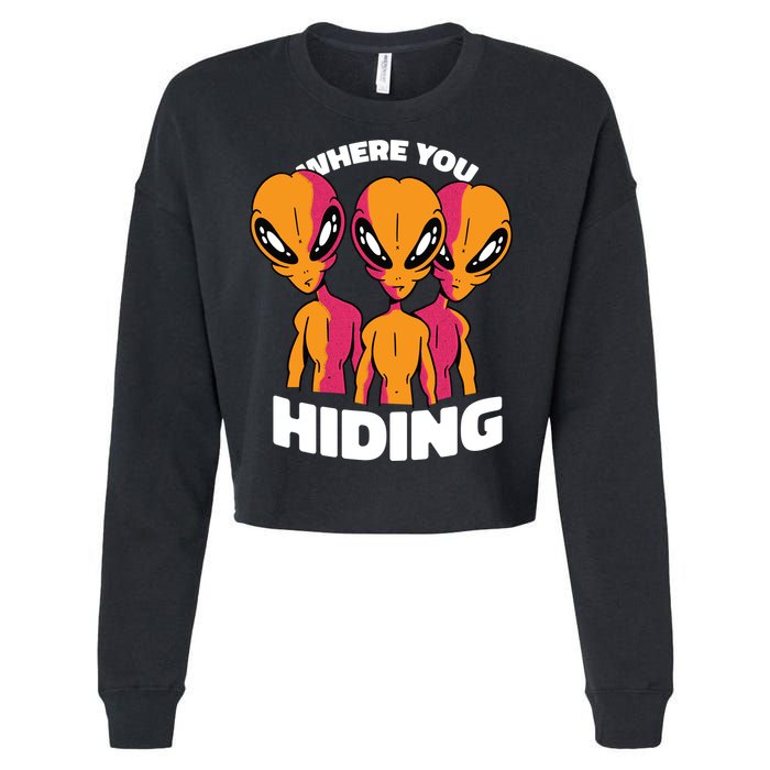 Where You Hiding Creepy Aliens Cropped Pullover Crew