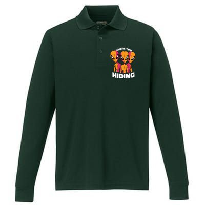 Where You Hiding Creepy Aliens Performance Long Sleeve Polo