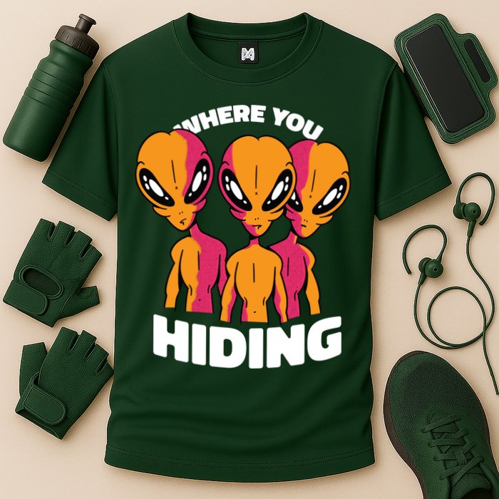 Where You Hiding Creepy Aliens Cooling Performance Crew T-Shirt