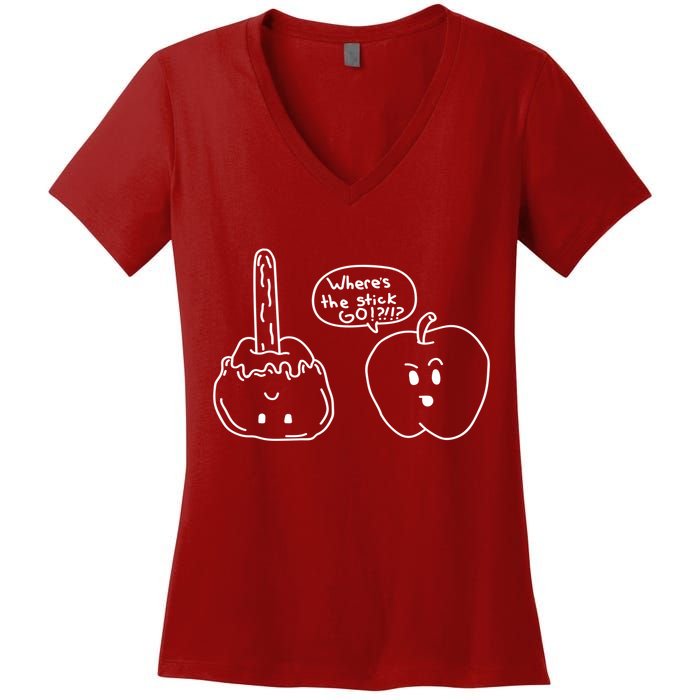 Wheres the Stick Go? Caramel Apple Women's V-Neck T-Shirt
