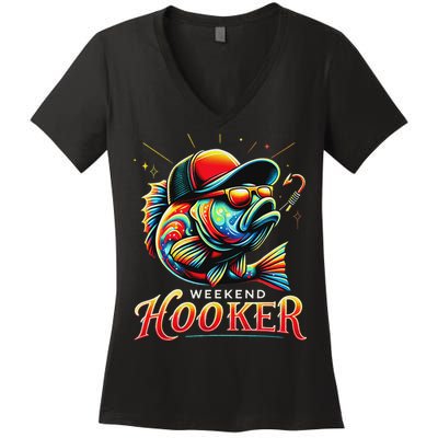 Weekend Hookerr Funny Fish Dad Love Fishing Father's Day Women's V-Neck T-Shirt