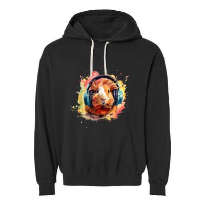 Watercolor Headphones Funny Guinea Pig Garment-Dyed Fleece Hoodie