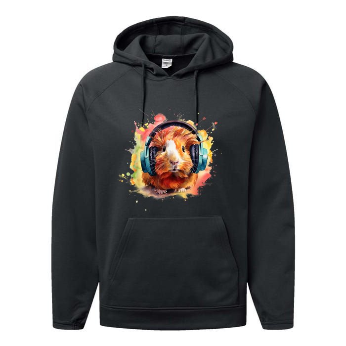 Watercolor Headphones Funny Guinea Pig Performance Fleece Hoodie