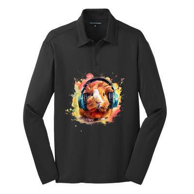 Watercolor Headphones Funny Guinea Pig Silk Touch Performance Long Sleeve Polo