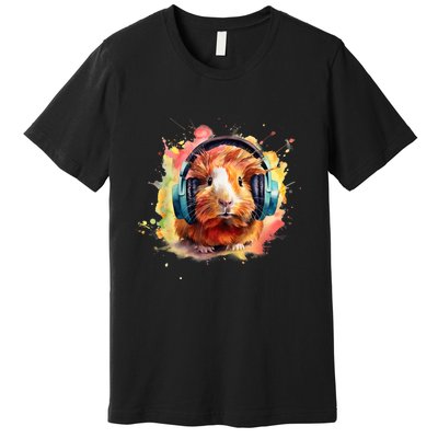 Watercolor Headphones Funny Guinea Pig Premium T-Shirt