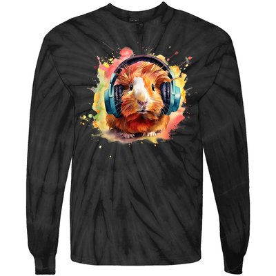 Watercolor Headphones Funny Guinea Pig Tie-Dye Long Sleeve Shirt