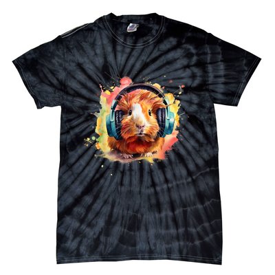 Watercolor Headphones Funny Guinea Pig Tie-Dye T-Shirt