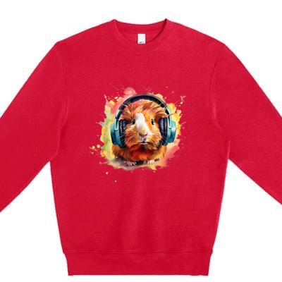 Watercolor Headphones Funny Guinea Pig Premium Crewneck Sweatshirt