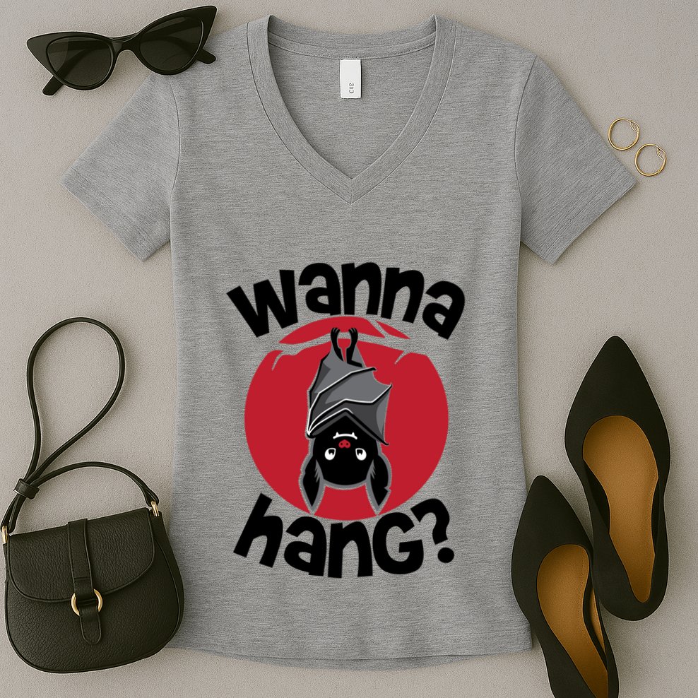 Wanna Hang Funny Bat Women's V-Neck T-Shirt