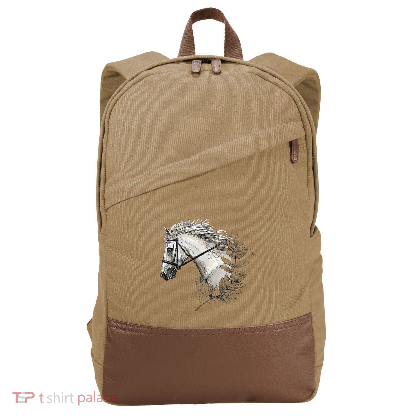 White Horse for Horses Lovers Floral Cotton Canvas Backpack