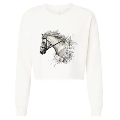 White Horse for Horses Lovers Floral Cropped Pullover Crew