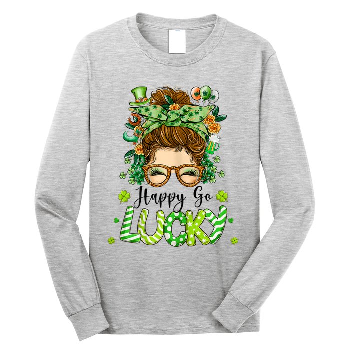 Womens Happy Go Lucky Messy Bun Shamrock St Patrick's Day Long Sleeve Shirt