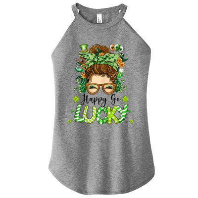 Womens Happy Go Lucky Messy Bun Shamrock St Patrick's Day Women’s Perfect Tri Rocker Tank