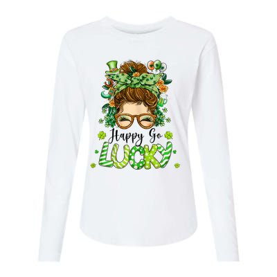 Womens Happy Go Lucky Messy Bun Shamrock St Patrick's Day Womens Cotton Relaxed Long Sleeve T-Shirt