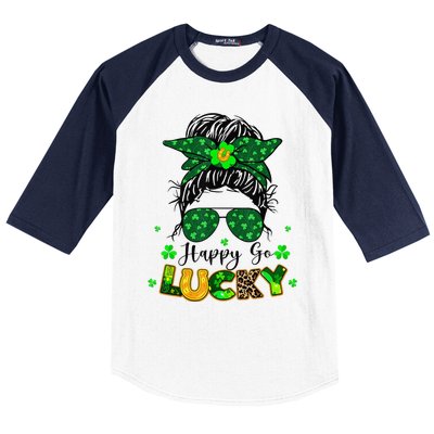 Women Happy Go Lucky Messy Bun Shamrock St Patrick's Day Baseball Sleeve Shirt