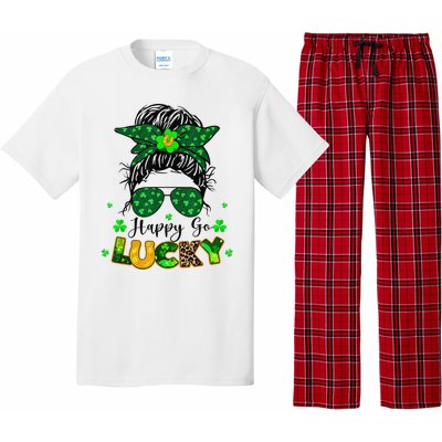 Women Happy Go Lucky Messy Bun Shamrock St Patrick's Day Pajama Set