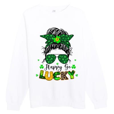 Women Happy Go Lucky Messy Bun Shamrock St Patrick's Day Premium Crewneck Sweatshirt