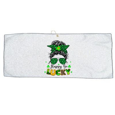 Women Happy Go Lucky Messy Bun Shamrock St Patrick's Day Large Microfiber Waffle Golf Towel