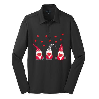 Womens Heart Gnome Valentine's Day Couple Matchings Love Silk Touch Performance Long Sleeve Polo