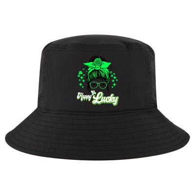 Wo Happy Go Lucky Messy Bun Shamrock St Patrick's Day Cute Gift Cool Comfort Performance Bucket Hat