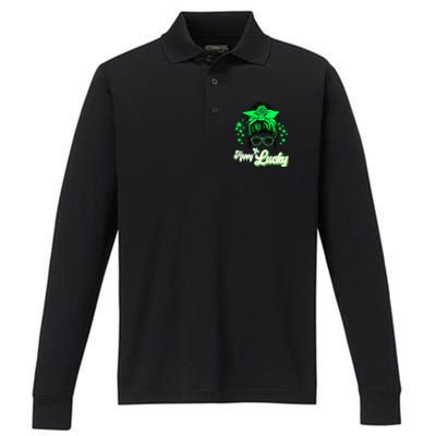 Wo Happy Go Lucky Messy Bun Shamrock St Patrick's Day Cute Gift Performance Long Sleeve Polo