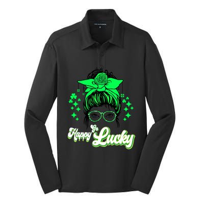 Wo Happy Go Lucky Messy Bun Shamrock St Patrick's Day Cute Gift Silk Touch Performance Long Sleeve Polo