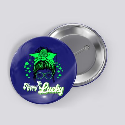 Wo Happy Go Lucky Messy Bun Shamrock St Patrick's Day Cute Gift Button