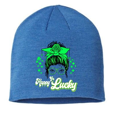 Wo Happy Go Lucky Messy Bun Shamrock St Patrick's Day Cute Gift Sustainable Beanie