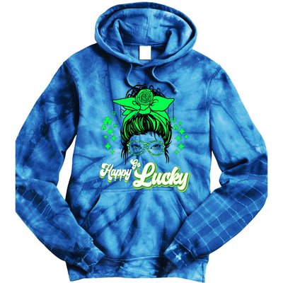 Wo Happy Go Lucky Messy Bun Shamrock St Patrick's Day Cute Gift Tie Dye Hoodie