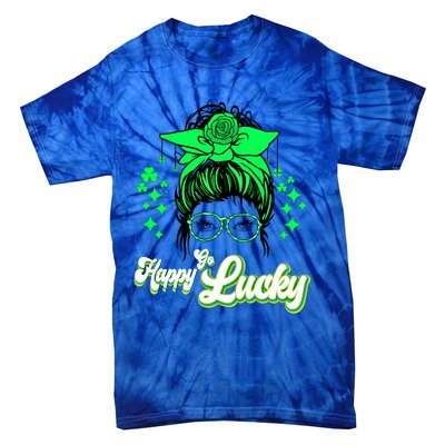 Wo Happy Go Lucky Messy Bun Shamrock St Patrick's Day Cute Gift Tie-Dye T-Shirt