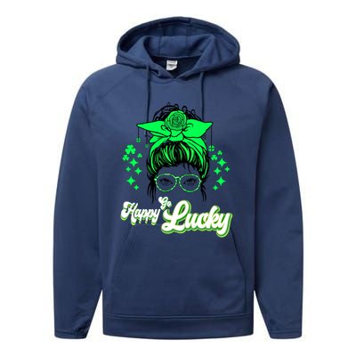 Wo Happy Go Lucky Messy Bun Shamrock St Patrick's Day Cute Gift Performance Fleece Hoodie