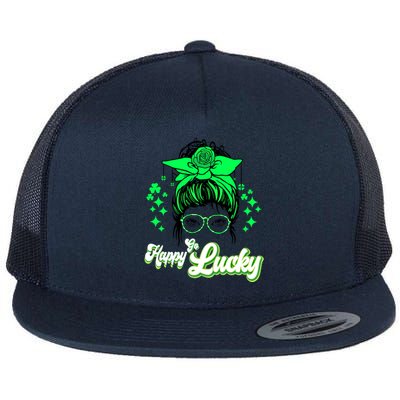 Wo Happy Go Lucky Messy Bun Shamrock St Patrick's Day Cute Gift Flat Bill Trucker Hat