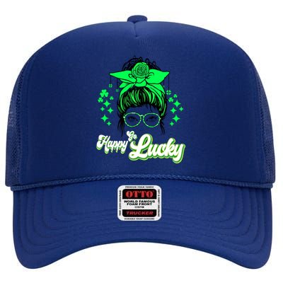 Wo Happy Go Lucky Messy Bun Shamrock St Patrick's Day Cute Gift High Crown Mesh Back Trucker Hat