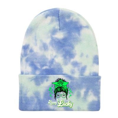 Wo Happy Go Lucky Messy Bun Shamrock St Patrick's Day Cute Gift Tie Dye 12in Knit Beanie