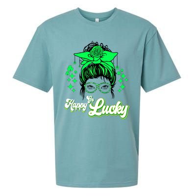 Wo Happy Go Lucky Messy Bun Shamrock St Patrick's Day Cute Gift Sueded Cloud Jersey T-Shirt