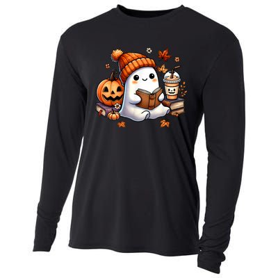 Women Halloween Ghost Coffee Cute Ghost Reading Book Lovers Gift Cooling Performance Long Sleeve Crew