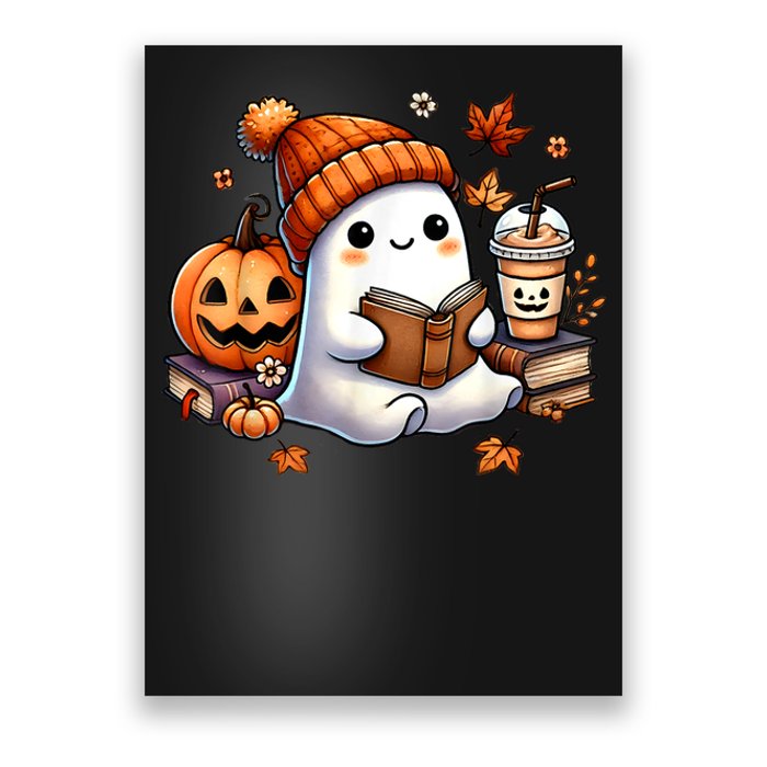 Women Halloween Ghost Coffee Cute Ghost Reading Book Lovers Gift Poster