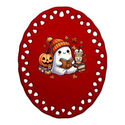 Women Halloween Ghost Coffee Cute Ghost Reading Book Lovers Gift Ceramic Oval Ornament