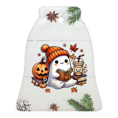 Women Halloween Ghost Coffee Cute Ghost Reading Book Lovers Gift Ceramic Bell Ornament