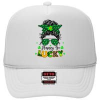 Women Happy Go Lucky Messy Bun Shamrock St Patrick's Day High Crown Mesh Back Trucker Hat