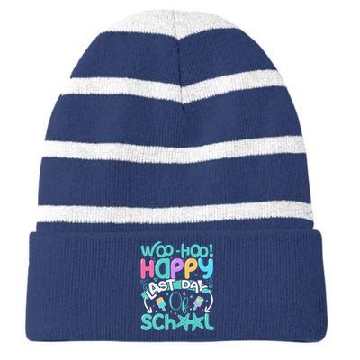 Woo Hoo Happy Last Day Of School Fun Teacher Student Striped Beanie with Solid Band