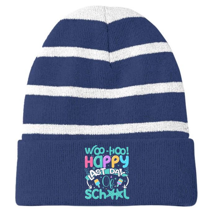 Woo Hoo Happy Last Day Of School Fun Teacher Student Striped Beanie with Solid Band