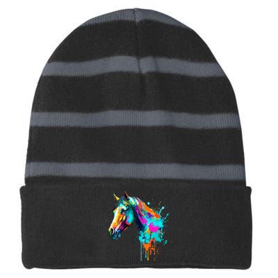 Watercolor Horse Head Striped Beanie with Solid Band