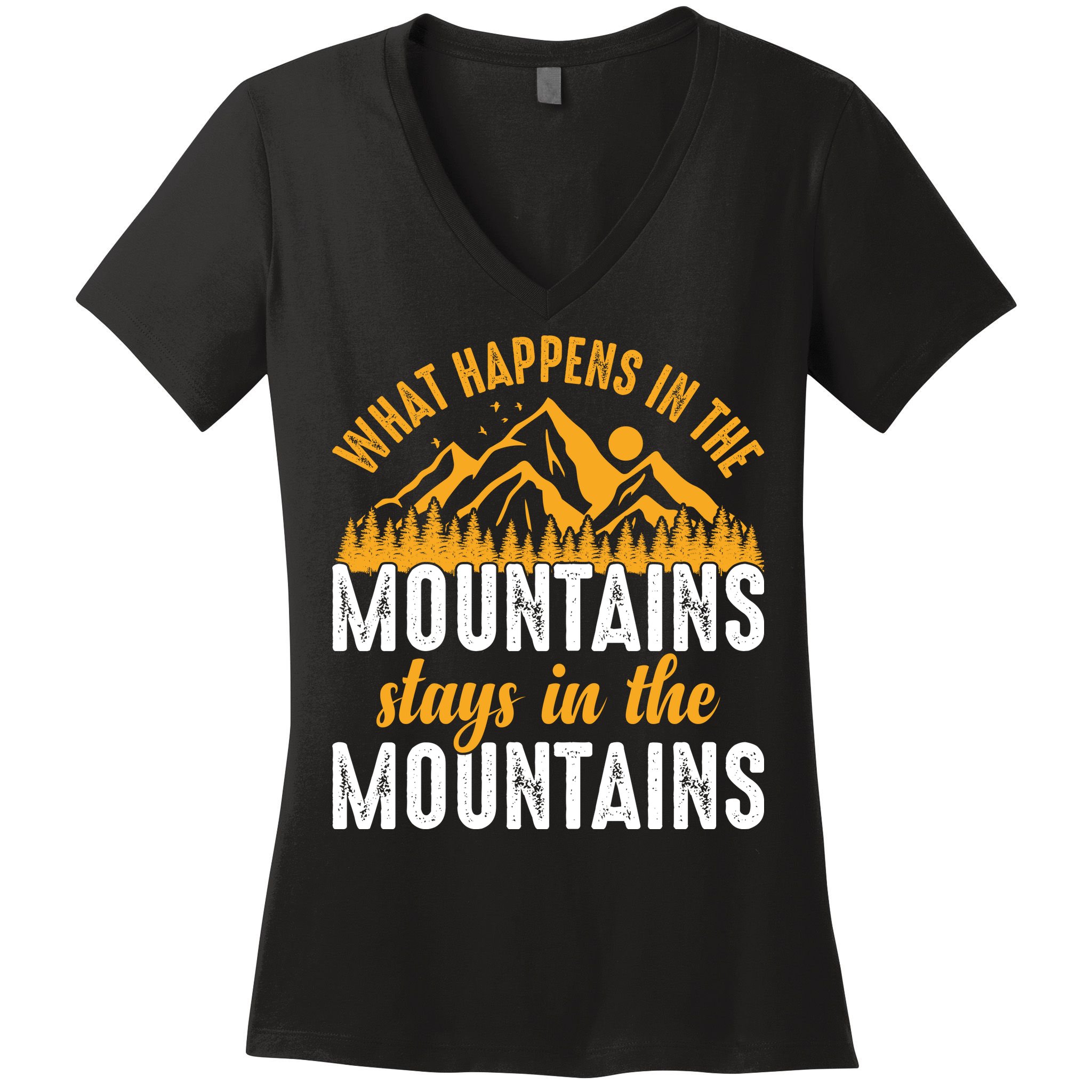 What Happens In The Mountains Stays In The Mountains Vintage Camping Women's V-Neck T-Shirt