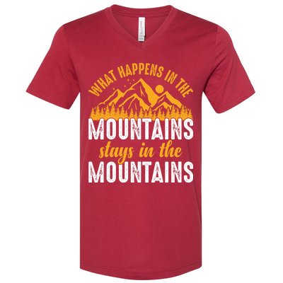 What Happens In The Mountains Stays In The Mountains Vintage Camping V-Neck T-Shirt