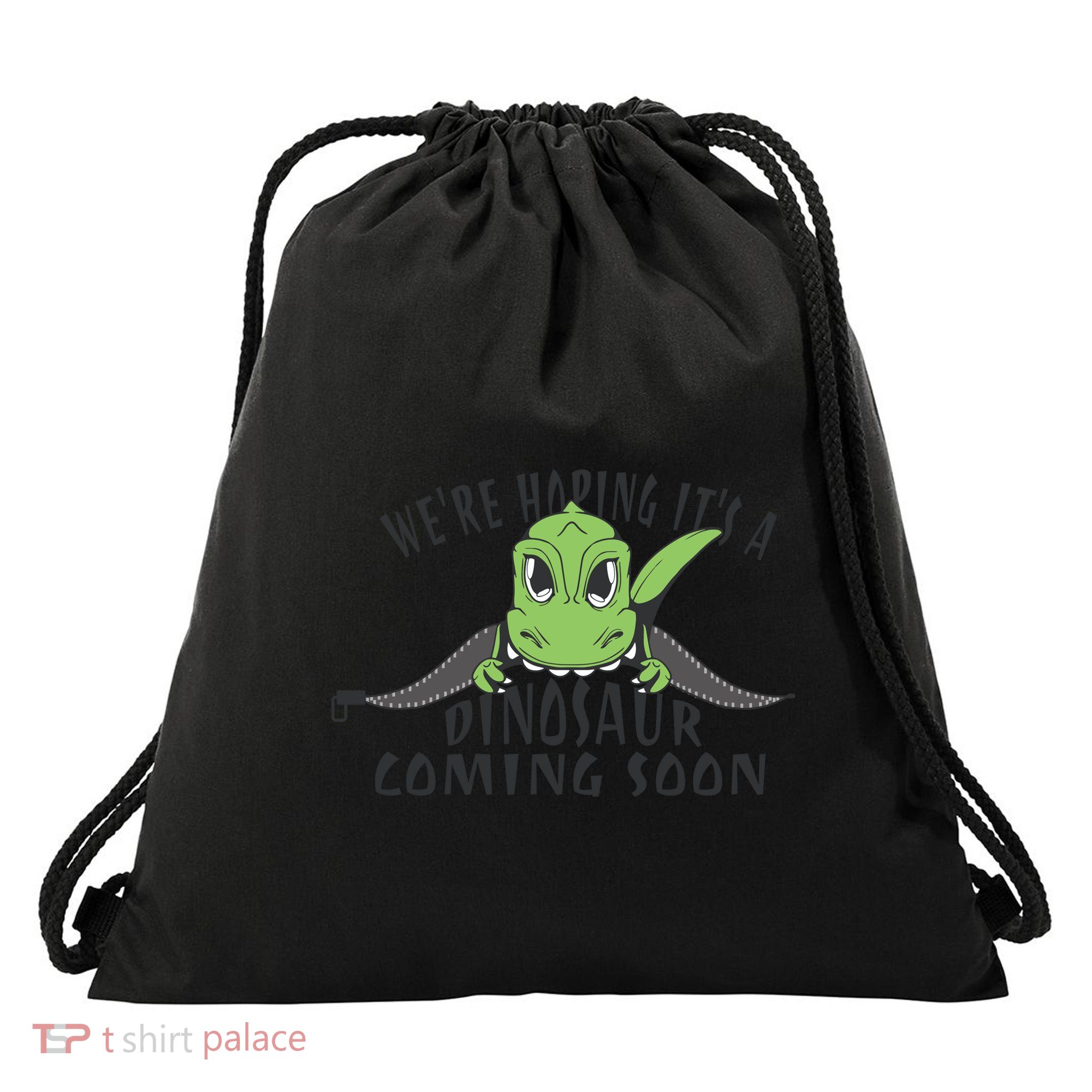 We're Hoping It's A Dinosaur Coming Soon Pregnancy Announcement Drawstring Bag