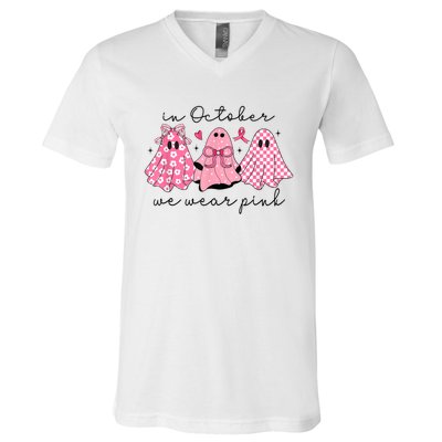 Women Halloween In October We Wear Pin.K Cute Ghost Gift V-Neck T-Shirt